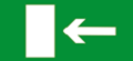 Nödskylt med en riktningspil som pekar mot en rektangel som symboliserar en dörr.