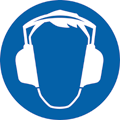 Påbudsskylt med ett huvud med hörselskydd.